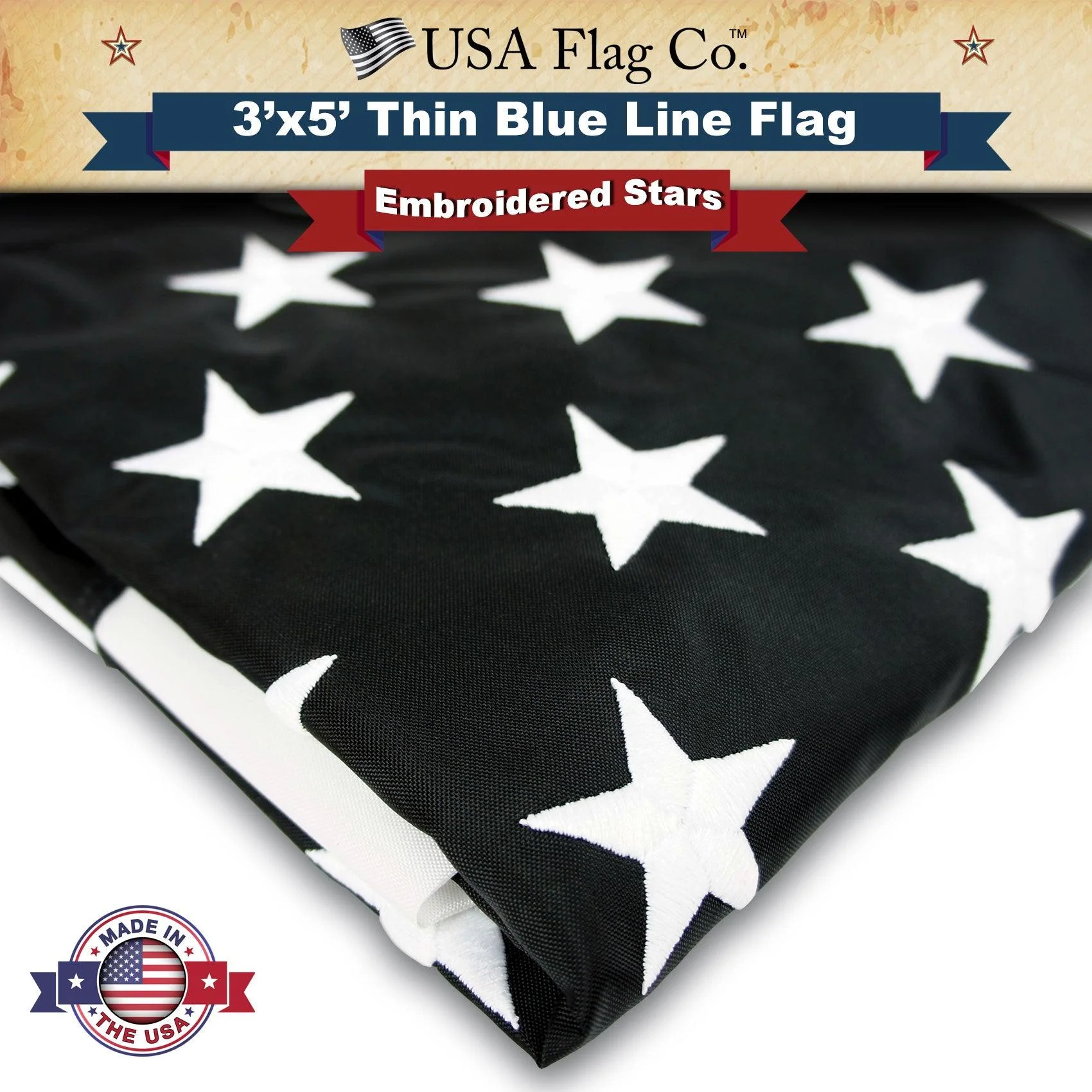 Thin Blue Line American Flag (3x5 foot) Embroidered Stars & Sewn Stripes - Image 3
