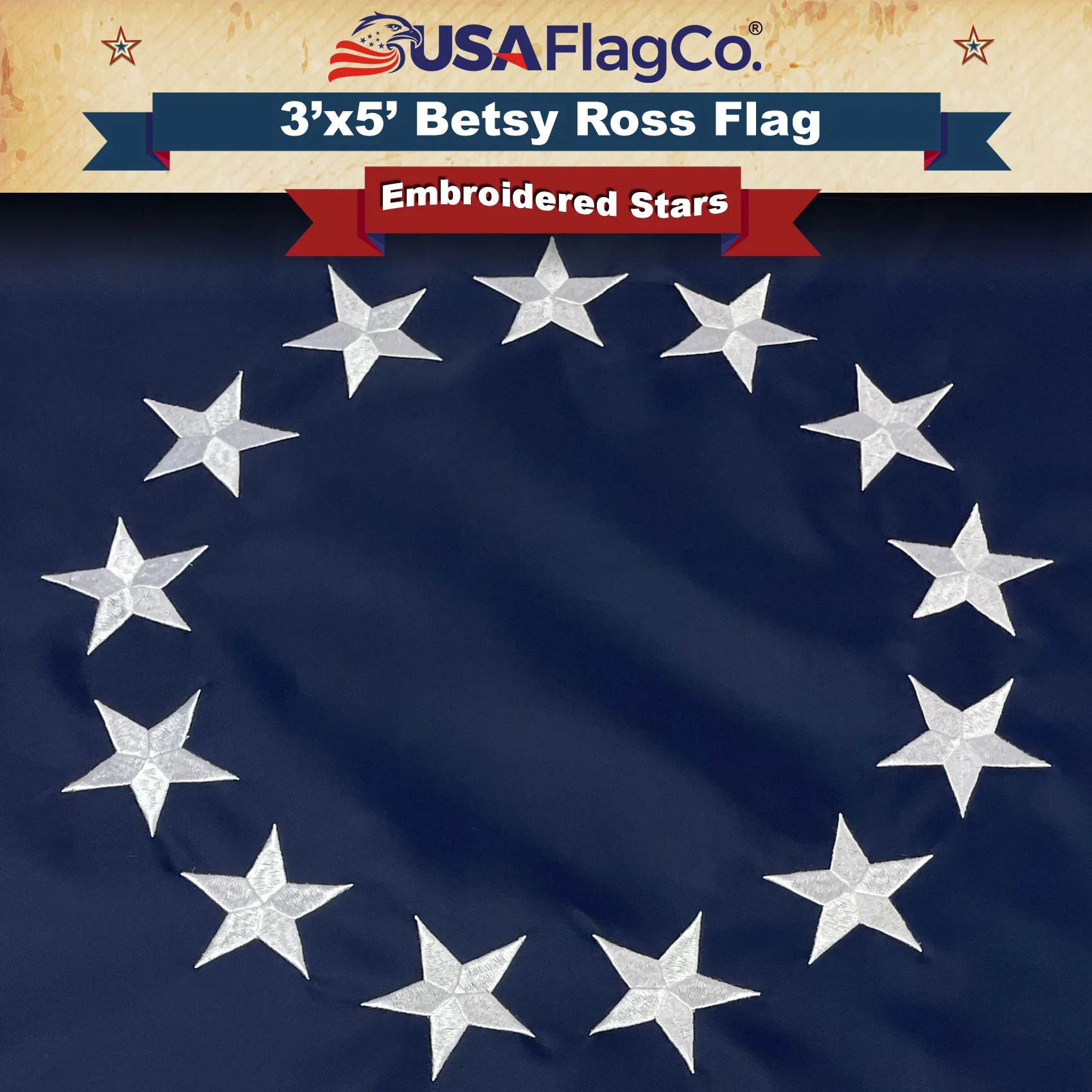 Traditional Betsy Ross Flag (3x5 foot) Embroidered Stars & Sewn Stripes - Image 4